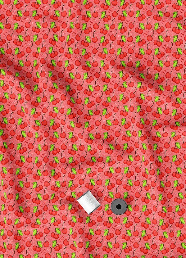 Tecido Veludo Suede Estampa Digital Mini Cereja Fundo Rosa 1,40m de Largura