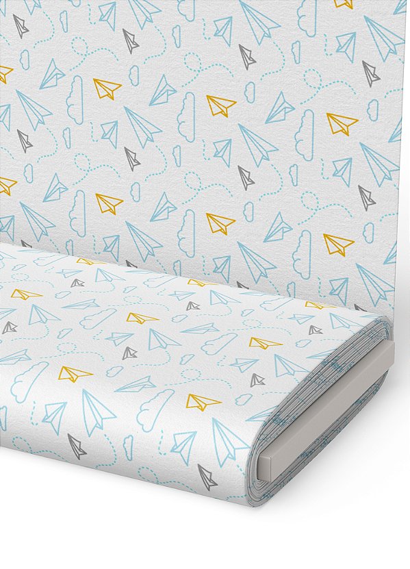 Tecido Veludo Suede Estampa Digital Avião de Papel e Nuvem Azul 1,40m de Largura