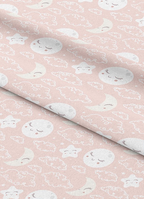Tecido Veludo Suede Estampa Digital Lua e Estrela Fundo Rosa 1,40m de Largura