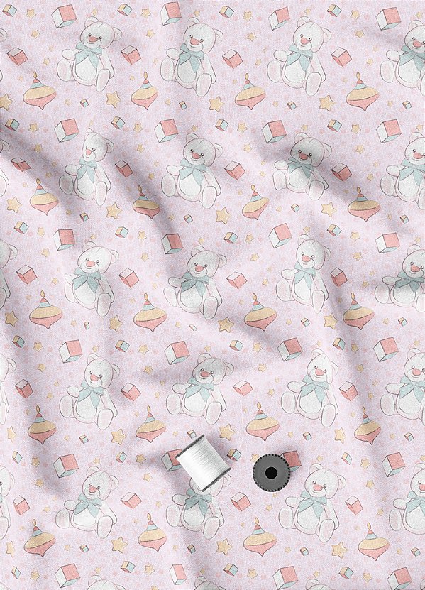 Tecido Veludo Suede Estampa Digital Ursinho e Pião Rosa 1,40m de Largura