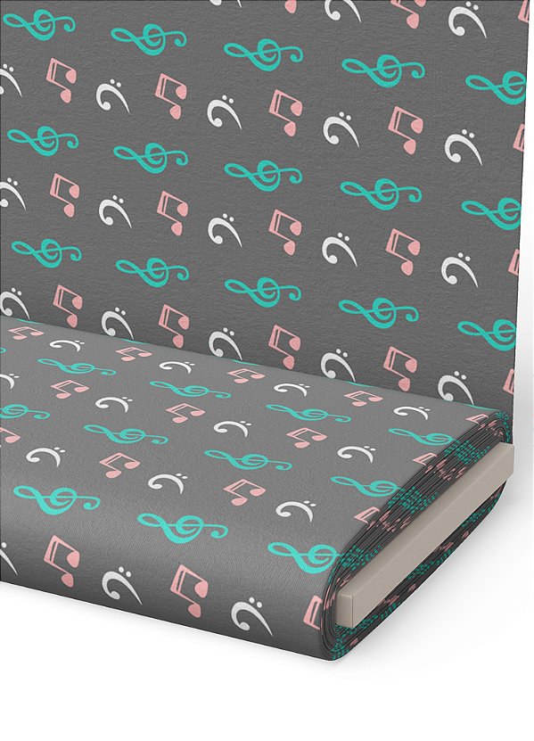 Tecido Veludo Suede Estampa Digital Nota Musical Azul e Rosa Fundo Preto 1,40m de Largura