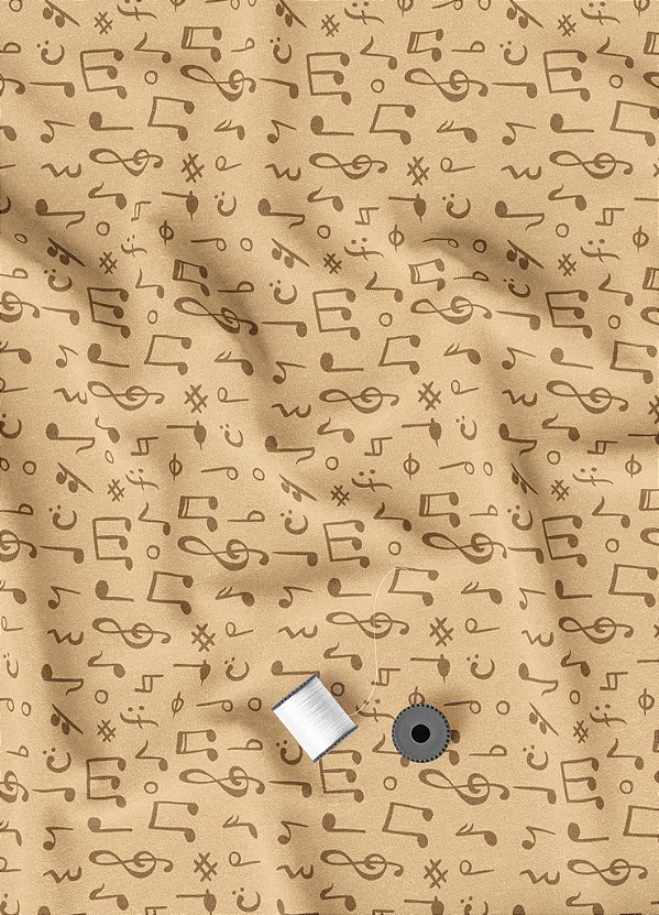 Tecido Veludo Suede Estampa Digital Nota Musical Beje Fundo Palha 1,40m de Largura