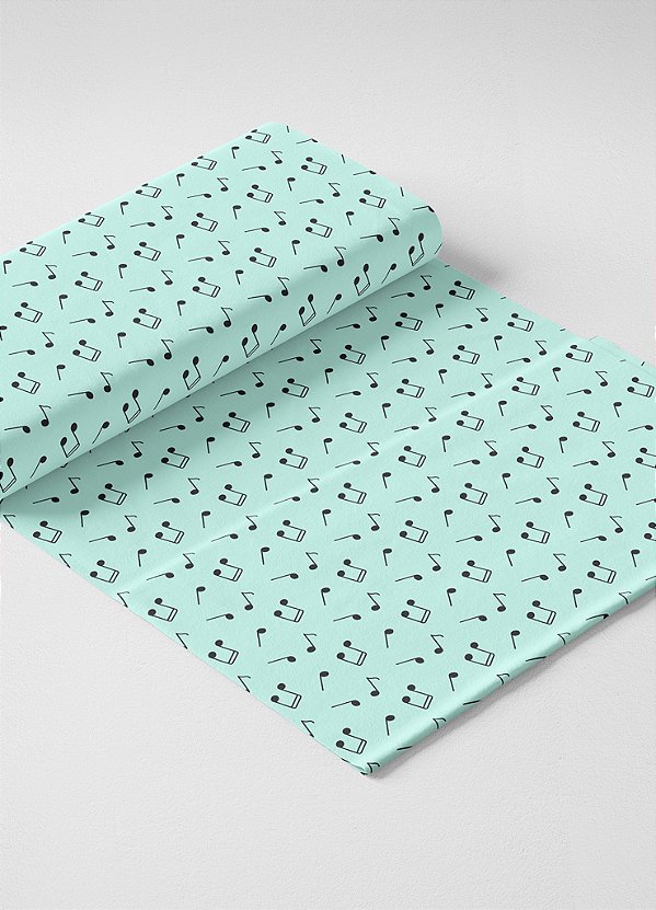 Tecido Veludo Suede Estampa Digital Nota Musical Preto Fundo Azul Bebe 1,40m de Largura