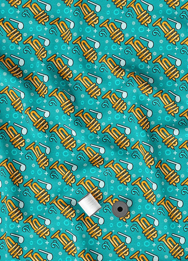 Tecido Veludo Suede Estampa Digital Trompete Fundo Azul 1,40m de Largura