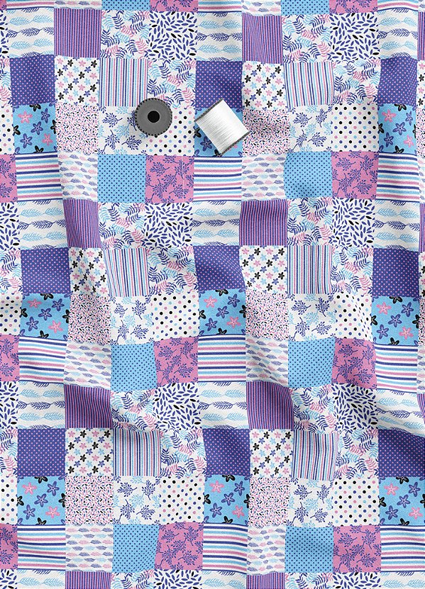 Tecido Veludo Suede Estampa Digital Linhas e Flores Azul e Lilas 1,40m de Largura