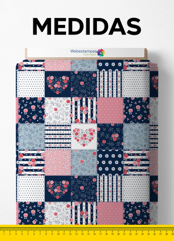 Tecido Veludo Suede Estampa Digital Listras e Flores Azul e Rosa 1,40m de Largura