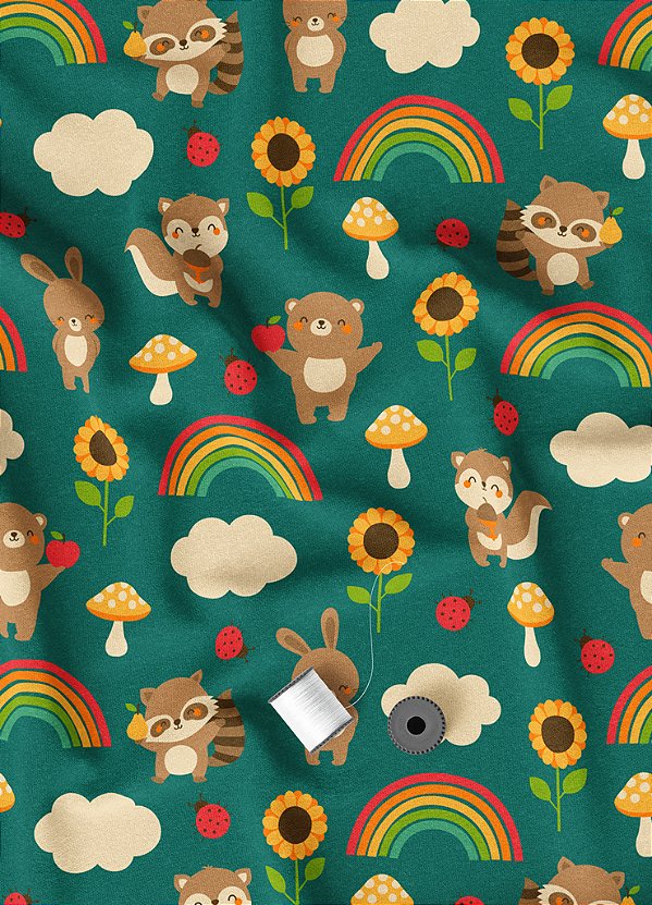 Tecido Veludo Suede Estampa Digital Bichinhos Arco-Írs Fundo Verde 1,40m de Largura