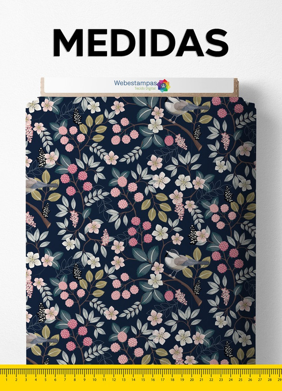 Tecido Veludo Suede Estampa Digital Botão De Flores Fundo Marinho 1,40m de Largura