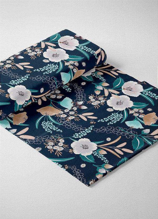 Tecido Veludo Suede Estampa Digital Floral Branco e Palha Fundo Marinho 1,40m de Largura