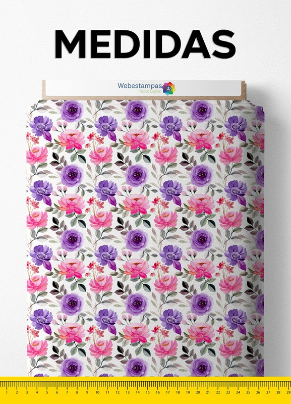 Tecido Veludo Suede Estampa Digital Rosas Roxa e Rosa Fundo Branco 1,40m de Largura