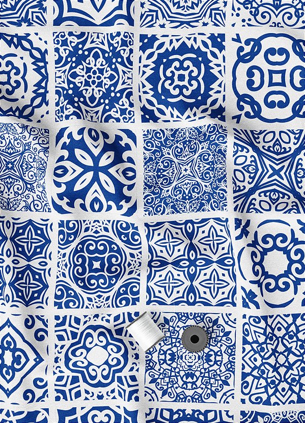 Tecido Veludo Suede Estampa Digital Arabesco Azulejo Marinho 1,40m de Largura