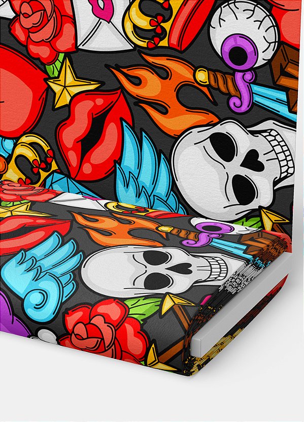 Tecido Veludo Suede Estampa Digital Caveira Tatuagens Coloridas 1,40m de Largura