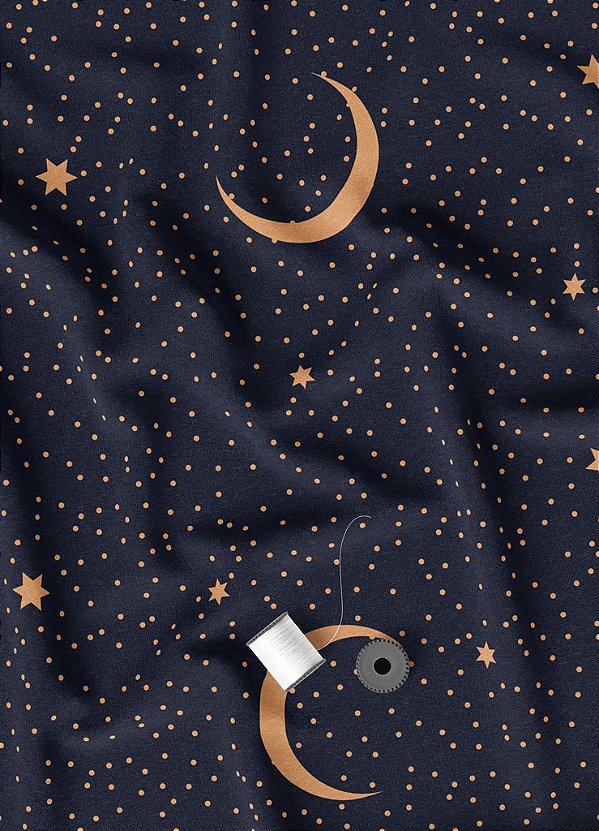 Tecido Veludo Suede Estampa Digital Lua e Estrelas Minimalista Marinho 1,40m de Largura