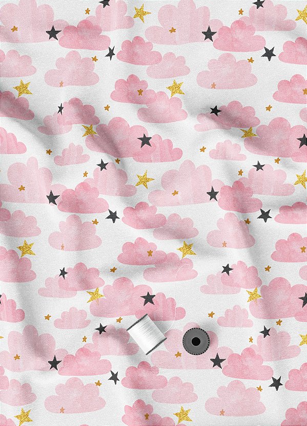 Tecido Veludo Suede Estampa Digital Nuvens Rosa Com Estrelas 1,40m de Largura