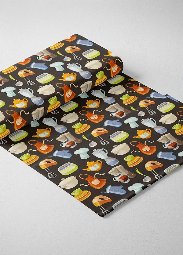 Tecido Veludo Suede Estampa Digital Itens De Cozinha Fundo Preto 1,40m de Largura