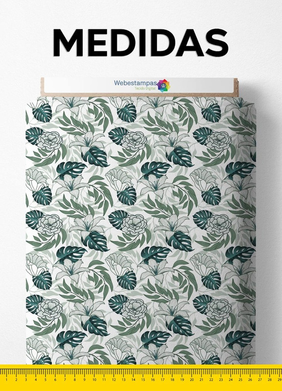 Tecido Veludo Suede Estampa Digital Folhas Verde e Branco 1,40m de Largura