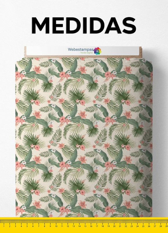 Tecido Veludo Suede Estampa Digital Folhas Verdes Flores Rosa 1,40m de Largura