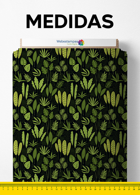 Tecido Veludo Suede Estampa Digital Folhinhas Fundo Preto 1,40m de Largura