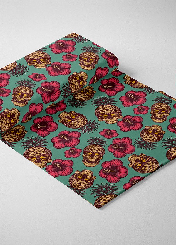 Tecido Tactel Estampa Digital Caveira Floral Dourada 1,55m de Largura