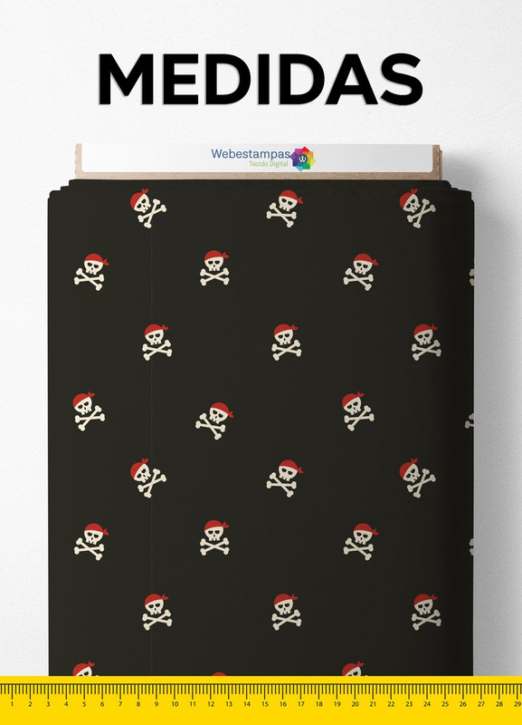 Tecido Tactel Estampa Digital Caveira Pirata Fundo Preto 1,55m de Largura
