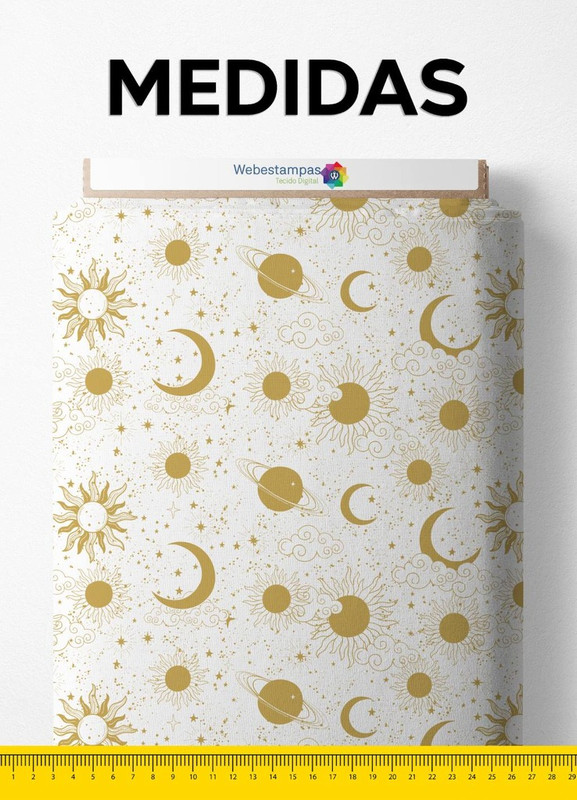 Tecido Tactel Estampa Digital Planetas Dourado Fundo Branco 1,55m de Largura