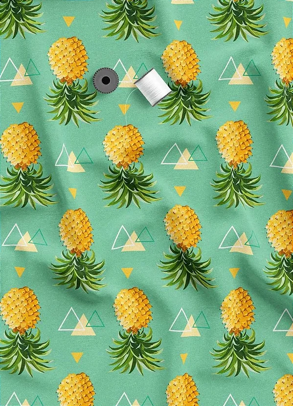 Tecido Microfibra Estampa Digital Abacaxi Fundo Verde 1,55 de Largura