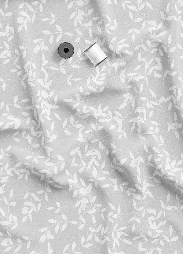 Tecido Microfibra Estampa Digital Folhinhas Fundo Cinza 1,55 de Largura