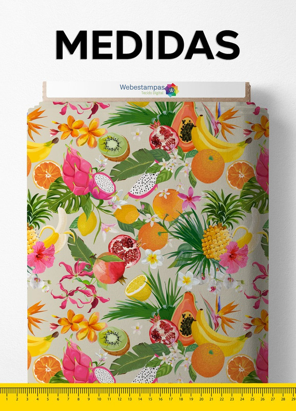 Tecido Helanca Estampa Digital Frutas Fundo Bege 1,55 de Largura