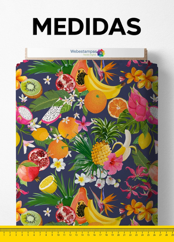 Tecido Helanca Estampa Digital Frutas Fundo Marinho 1,55 de Largura