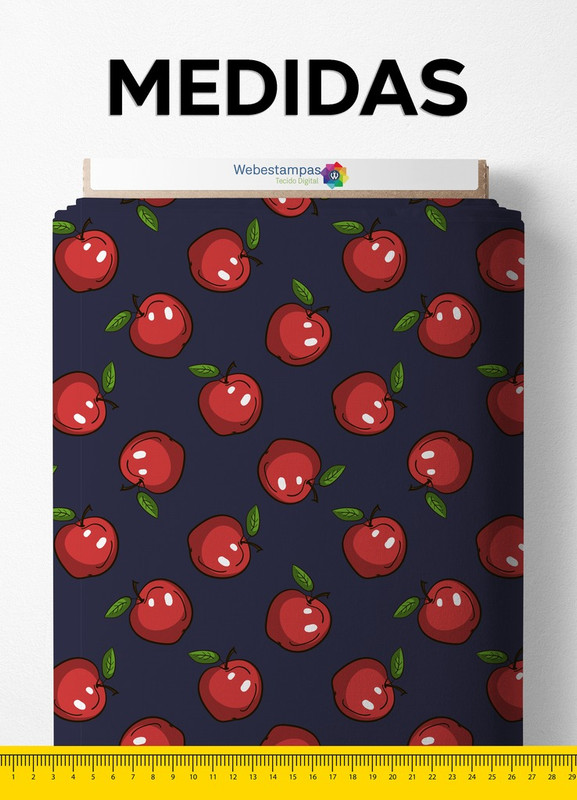 Tecido Helanca Estampa Digital Maçãs Fundo Marinho 1,55 de Largura