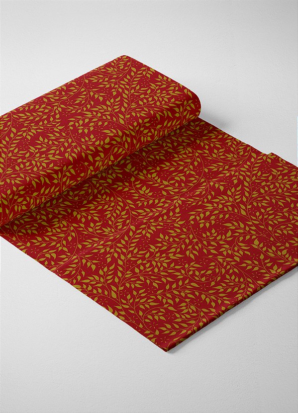 Tecido Oxford Estampa Digital Folhinhas Amarelas Fundo Vermelho 1,55 de Largura
