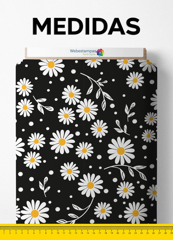 Tecido Oxford Estampa Digital Margaridas Fundo Preto 1,55 de Largura