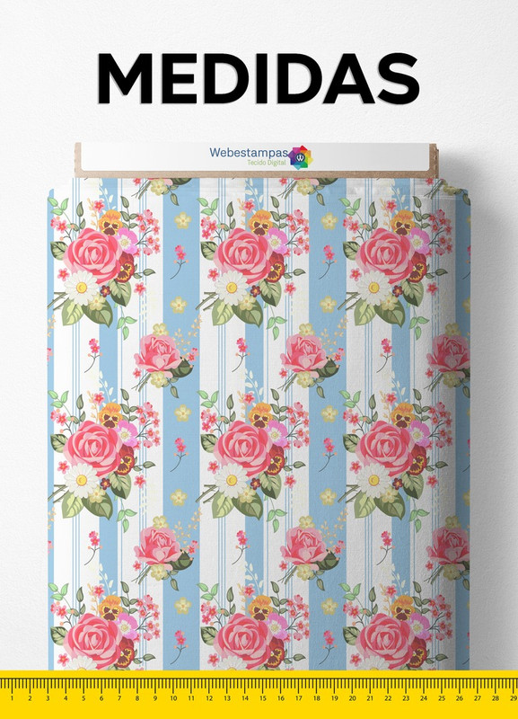 Tecido Velboa Estampa Digital Floral Listrado Azul 1,55 de Largura