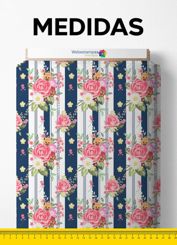 Tecido Velboa Estampa Digital Floral Listrado Marinho 1,55 de Largura