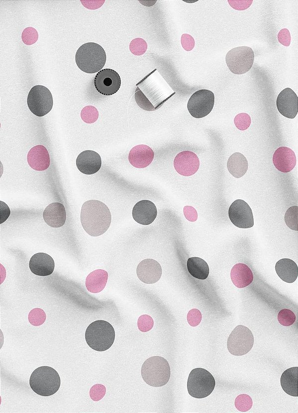 Tecido Veludo Suede Estampa Digital Bolinhas Pink com Cinza 1,40m de Largura