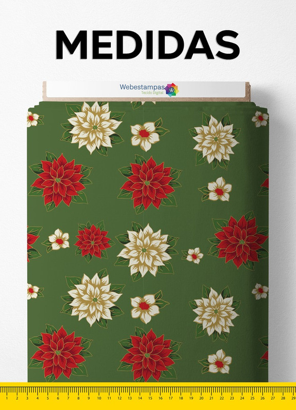 Tecido Veludo Suede Estampa Digital Flor do Natal Verde 1,40m de Largura