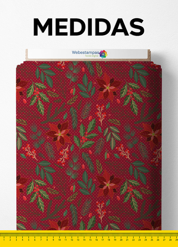 Tecido Veludo Suede Estampa Digital Flores Natalinas Vermelho 1,40m de Largura