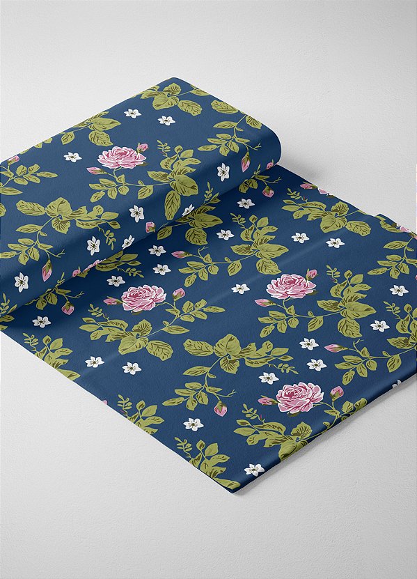 Tecido Veludo Suede Estampa Digital Flores Rosa e Marinho 1,40m de Largura