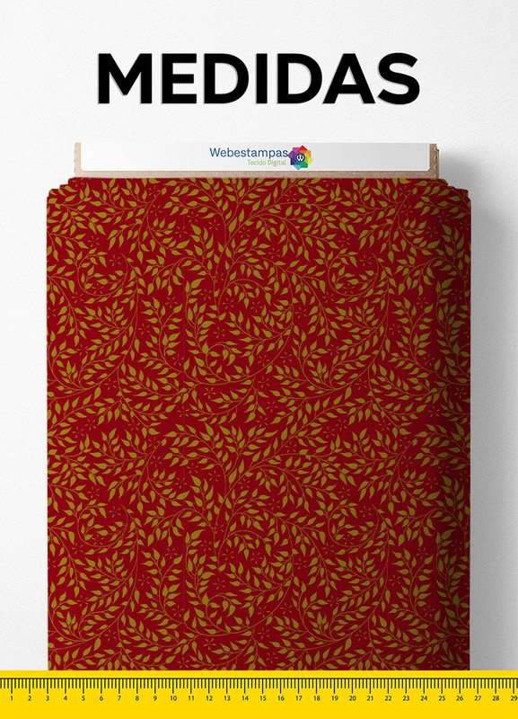 Tecido Veludo Suede Estampa Digital Folhinhas Amarelas Fundo Vermelho 1,40m de Largura