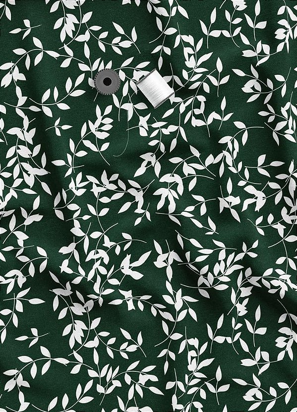 Tecido Veludo Suede Estampa Digital Folhinhas Fundo Verde Escuro 1,40m de Largura