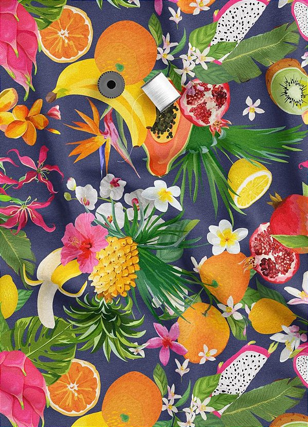 Tecido Veludo Suede Estampa Digital Frutas Fundo Marinho 1,40m de Largura