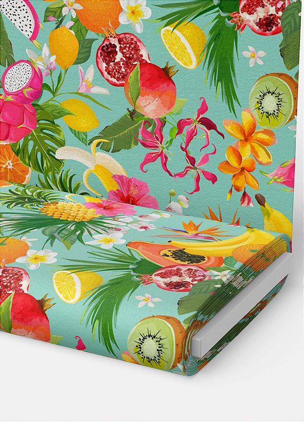 Tecido Veludo Suede Estampa Digital Frutas Fundo Verde 1,40m de Largura