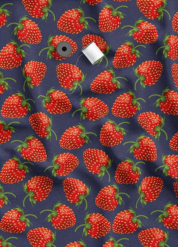 Tecido Veludo Suede Estampa Digital Morangos Fundo Azul Marinho 1,40m de Largura