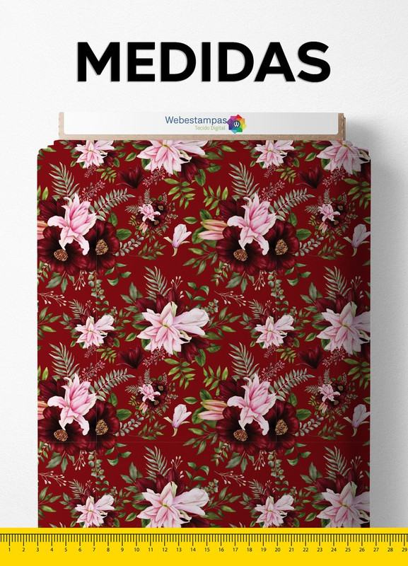 Tecido Veludo Suede Estampa Digital Natal Floral Vermelho 1,40m de Largura