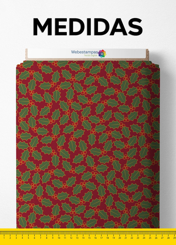Tecido Veludo Suede Estampa Digital Ramos de Natal Vermelho 1,40m de Largura