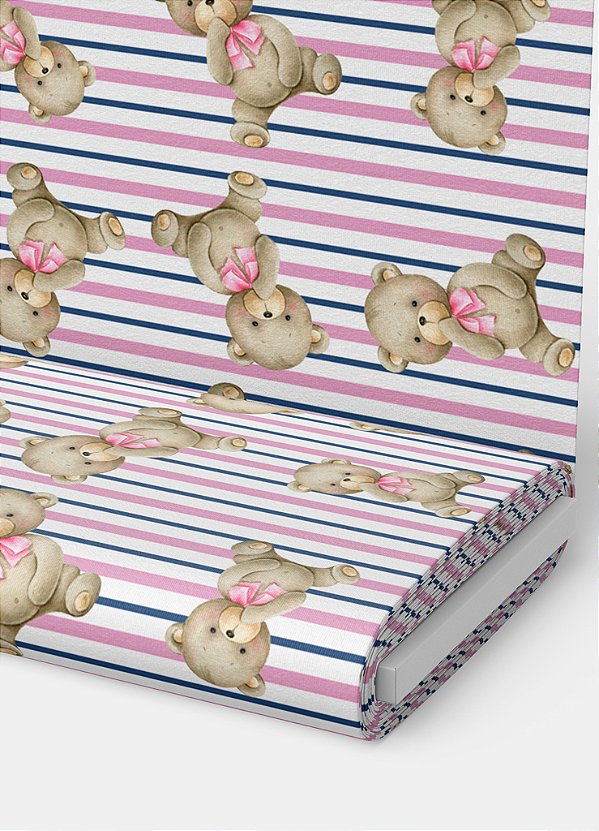 Tecido Veludo Suede Estampa Digital Ursinha com Listras Azul e Rosa 1,40m de Largura