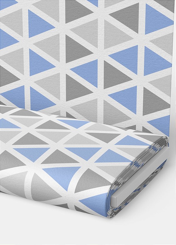 Tecido Tricoline Estampa Digital Triângulos Cinza com Azul 1,55 de Largura