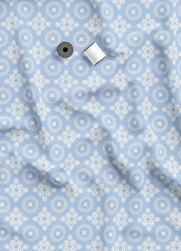 Tecido Microfibra Estampa Digital Circulo Arabesco Branco e Azul 1,55m de Largura