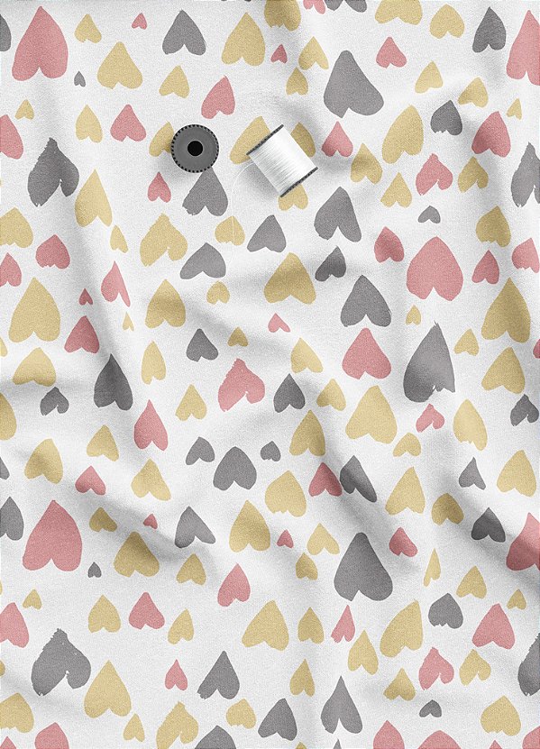 Tecido Microfibra Estampa Digital Corações Rosa, Cinza e Amarelo 1,55m de Largura