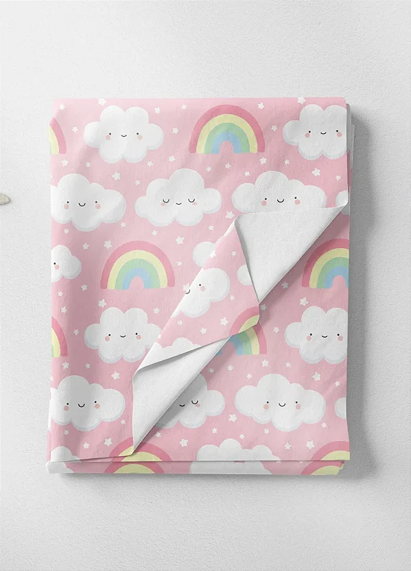 Tecido Microfibra Estampa Digital Arco-Íris e Nuvens Fundo Rosa 1,55m de Largura